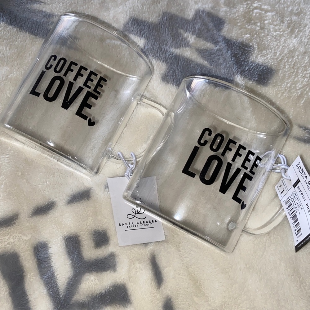 2 ❤️ SANTA BARBARA COFFEE LOVE “Sippin’ Pretty” Clear GLASS Cups NWT PAIR
